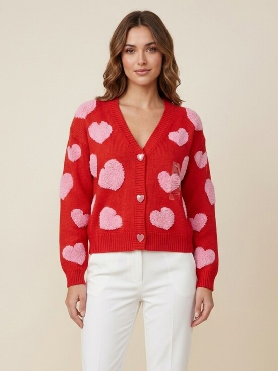 33 Degrees Sweaters - New Women's Heart Print V-neck Red And Pink Oversize Knit Glam Cardigan XXS